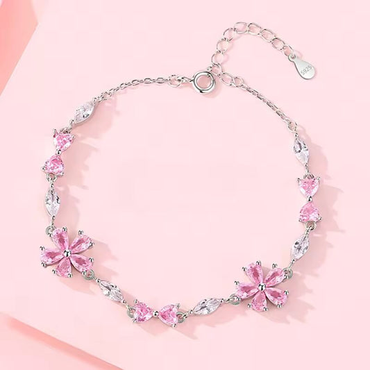 Pink Crystal Zircon Sakura Flowers Bracelet for Women Elegant Fairy Y2K Sweet Girls Cherry Blossom Moon Bow Knot Jewelry Gifts