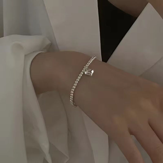 S925 Sterling Silver Star Love Heart Pendant Round Bead Pearl Bracelet For Girls Sweet Romantic Style Gifts For Lovers