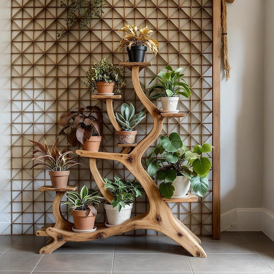 Tree Plant Stand Artistic plant shelf, made of solid wood, home decoration shelf.